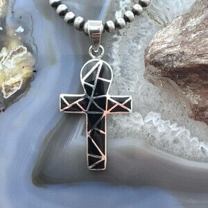 Sterling Silver Southwestern Style Onyx Inlay Unisex Cross Pendant
